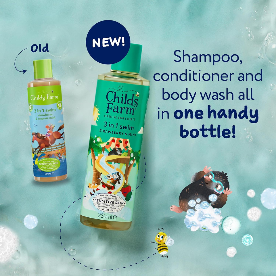 Childs Farm Kids 3 in 1 Swim, Strawberry & Mint - Body Wash, Shampoo & Conditioner | Tear-free | Suitable for Dry, Sensitive Skin, 250ml