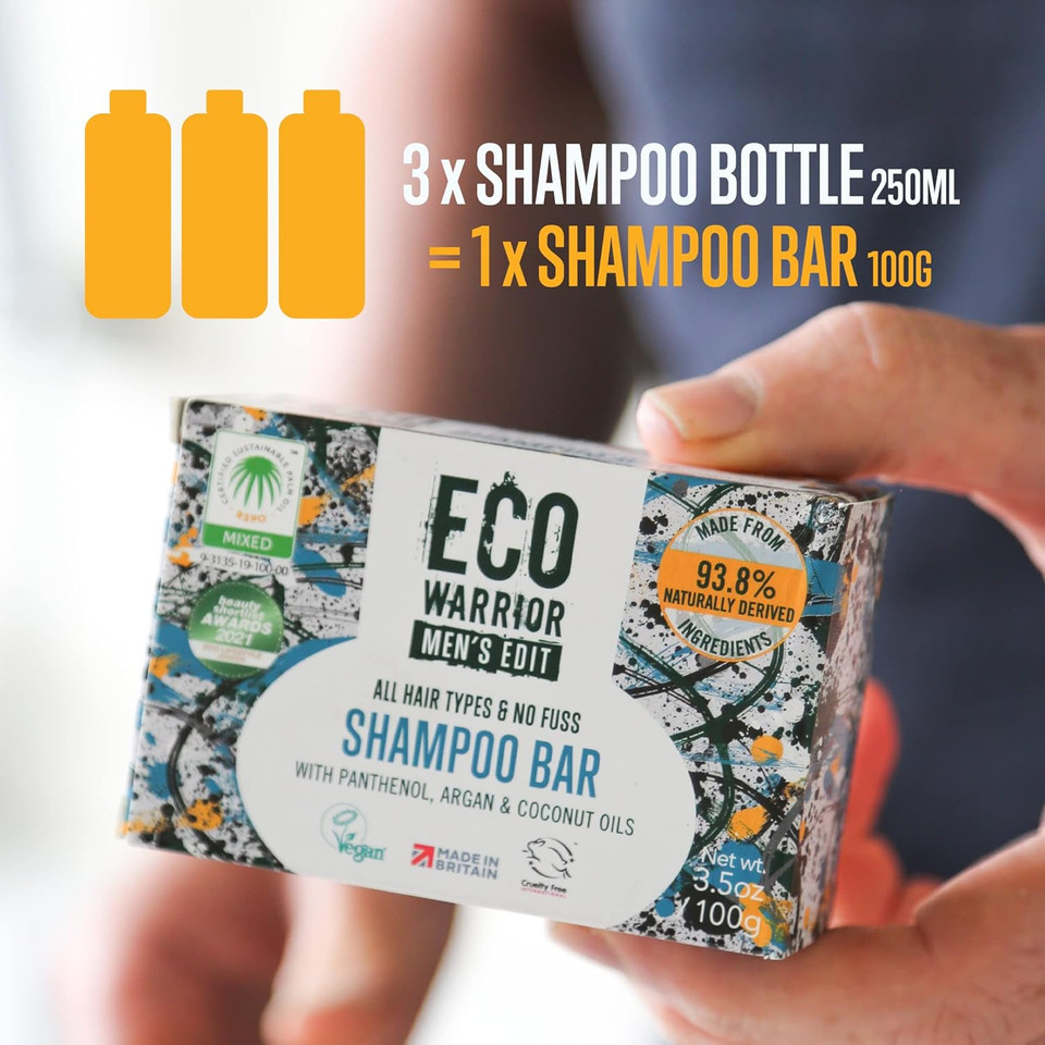 Eco Warrior Mens Edit Shampoo Bar, 100g | Natural, Vegan, Cruelty Free, Eco Friendly | Cleansing and Moisturising Shampoos with Argan and Coconut Essential Oils | No SLS or Parabens | Mens Gift