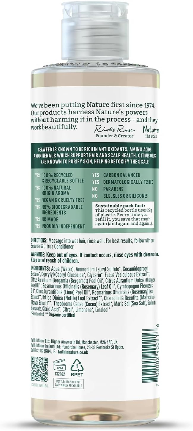 Faith In Nature Natural Seaweed & Citrus Shampoo, Detoxifying for Oily Hair & Scalp, Vegan & Cruelty Free, No SLS, Silicones or Parabens, 400ml