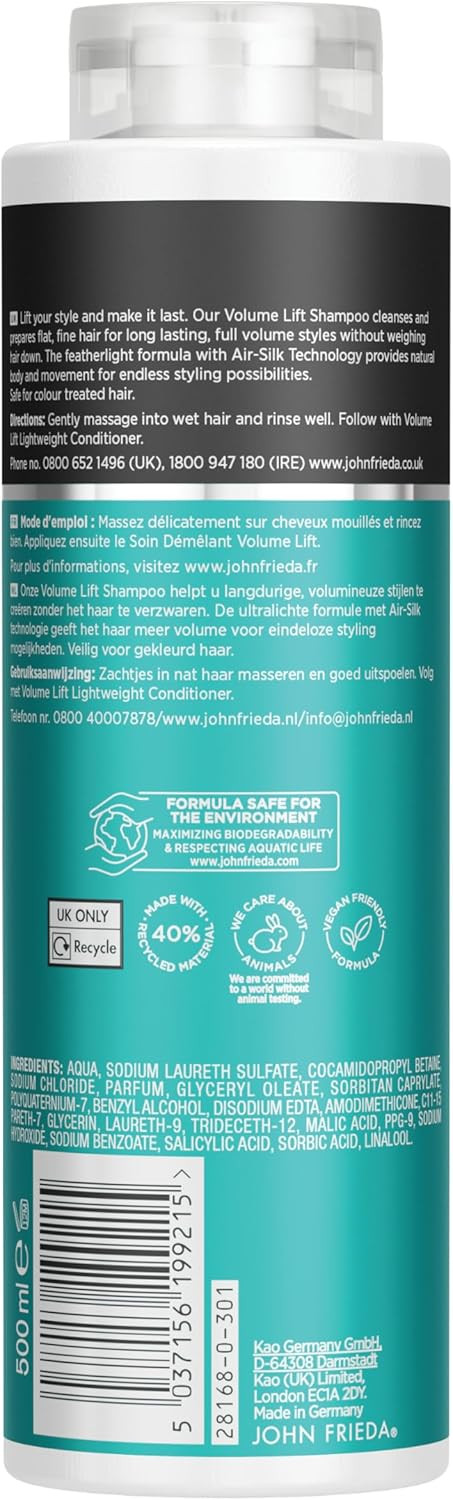 John Frieda Volume Lift Lightweight Shampoo 500 ml, Shampoo for Flat, Fine Hair, Shampoo Value Pack