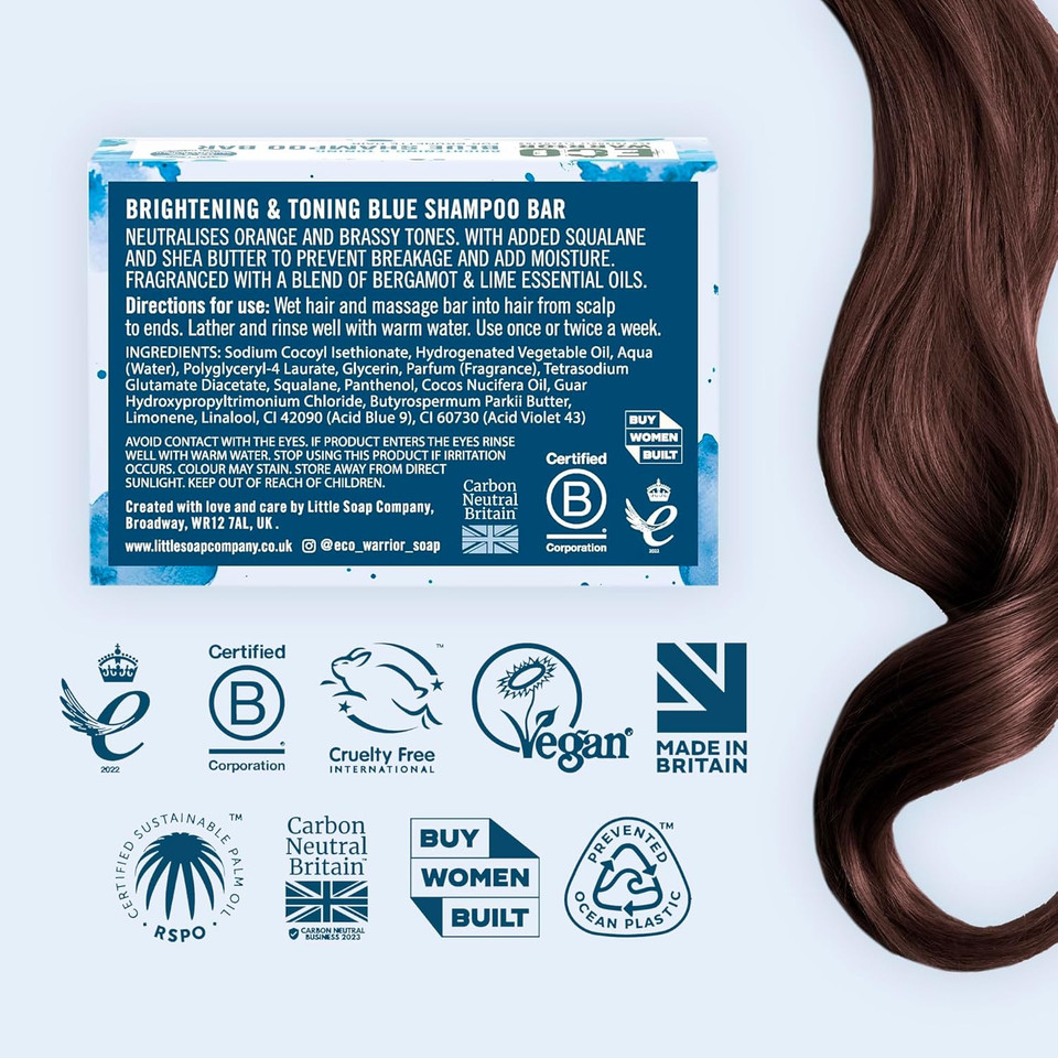 Eco Warrior Blue Shampoo Bar for Brunette Hair, 100g | Vegan, Cruelty-Free, Natural, eco friendly| Free from SLS or Parabens | Brightening & Toning bar shampoo with Squalane, Shea Butter & Bergamot