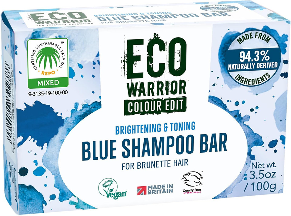Eco Warrior Blue Shampoo Bar for Brunette Hair, 100g | Vegan, Cruelty-Free, Natural, eco friendly| Free from SLS or Parabens | Brightening & Toning bar shampoo with Squalane, Shea Butter & Bergamot