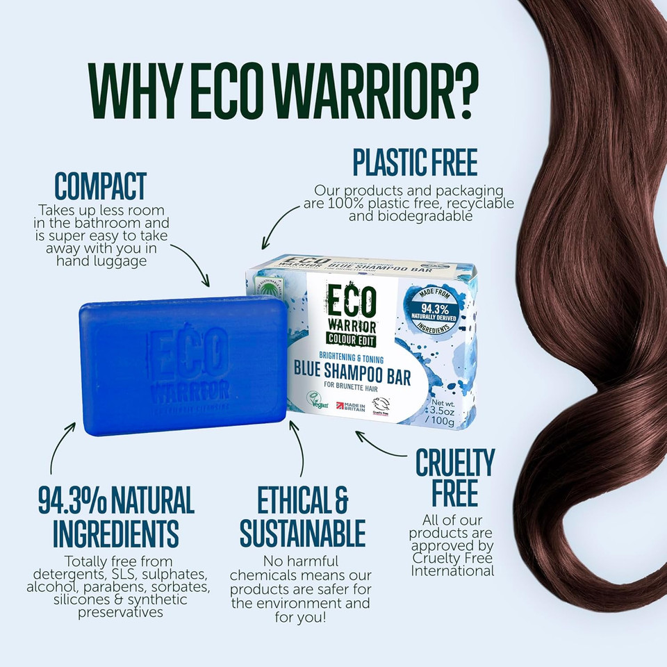 Eco Warrior Blue Shampoo Bar for Brunette Hair, 100g | Vegan, Cruelty-Free, Natural, eco friendly| Free from SLS or Parabens | Brightening & Toning bar shampoo with Squalane, Shea Butter & Bergamot