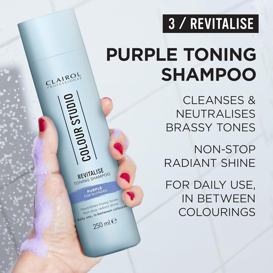 Clairol Professional Colour Studio | Step 3 Revitalise | Purple Toning Shampoo for Blonde Coloured Hair | Neutralises Brassiness | Non-stop shine | All hair types | Vegan | For Daily Use | 250ml