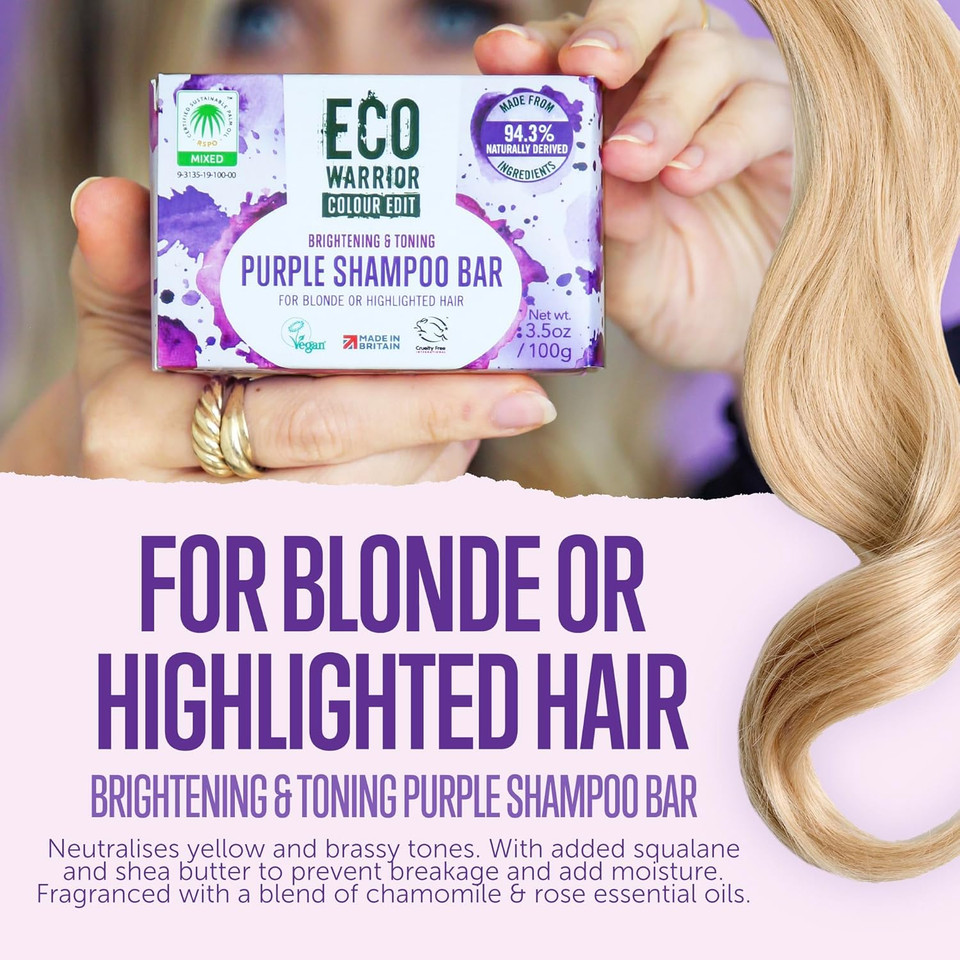 Eco Warrior Purple Shampoo Bar for Blonde and Grey Hair, 100g | Vegan, Cruelty-Free, Natural, eco friendly| Free from SLS or Parabens | Brightening & Toning bar shampoo with Squalane & Shea Butter