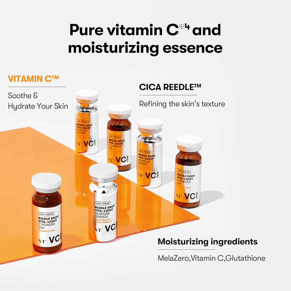 Vt Cosmetics Vita-Light Toning Essence 1000 | Vitamin C 100% Power & Cica Reedle Essence For Clear, Bright & Glowing Skin 0.34Fl Oz*2Ea(10Ml*2Ea)