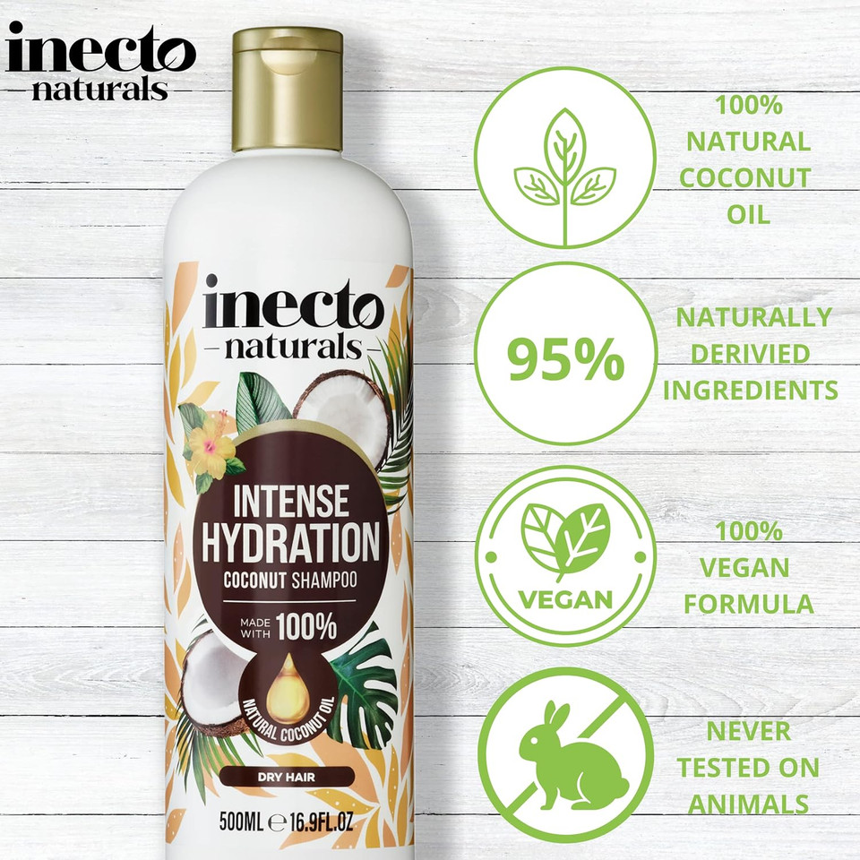 INECTO Natural Coconut Shampoo 500ml, Super-Creamy Infused with Pure Organic Coconut Oil, Silky Smooth Relief, Hydrated Hair