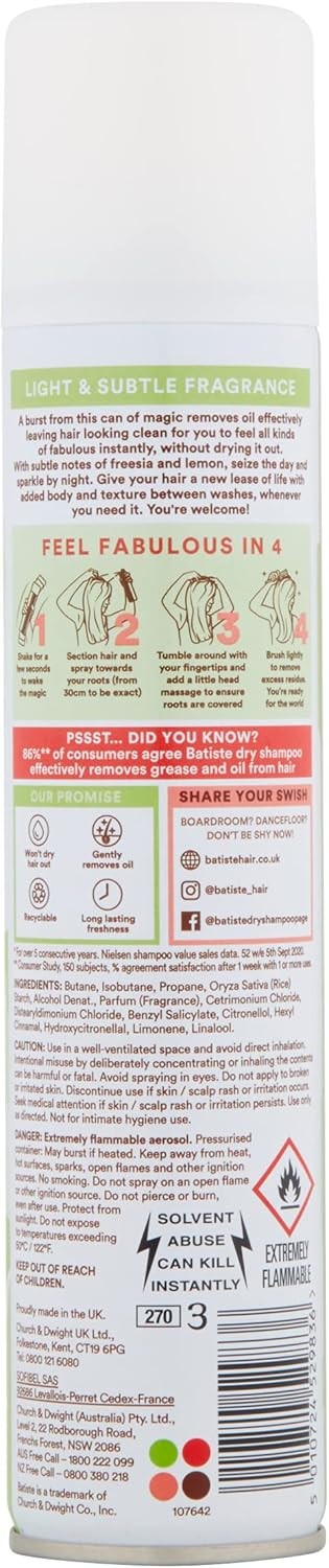 Batiste Dry Shampoo in Bare 200ml, Barely Scented Light Fragrance, No Rinse Spray to Refresh Hair in Between Washes