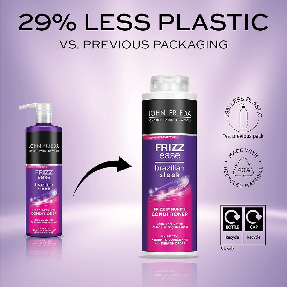 John Frieda Frizz Ease Brazilian Sleek Frizz Immunity Smoothing Conditioner 500ml, Rich Conditioner for Frizzy, Coarse Hair