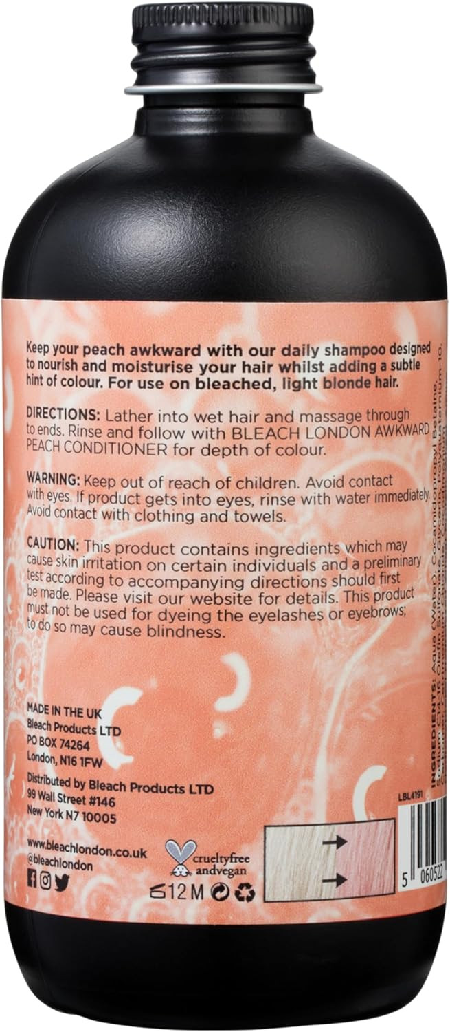 Bleach London Awkward Peach Shampoo - Vegan & PETA-Approved Peachy Toning Formula, for Bleached Hair, Colour Depositing, Achieves Dreamy Peachy Look, Enhances Warm Blonde - Paraben Free - (250 ml)