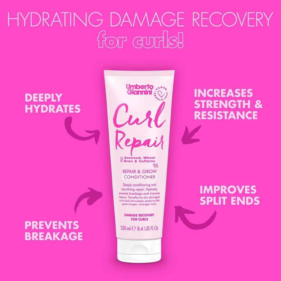 Umberto Giannini Curl Repair Conditioner, Vegan & Cruelty Free Repair & Growth Formula with Seaweed, Wheat Bran & Caffeine, 250 ml