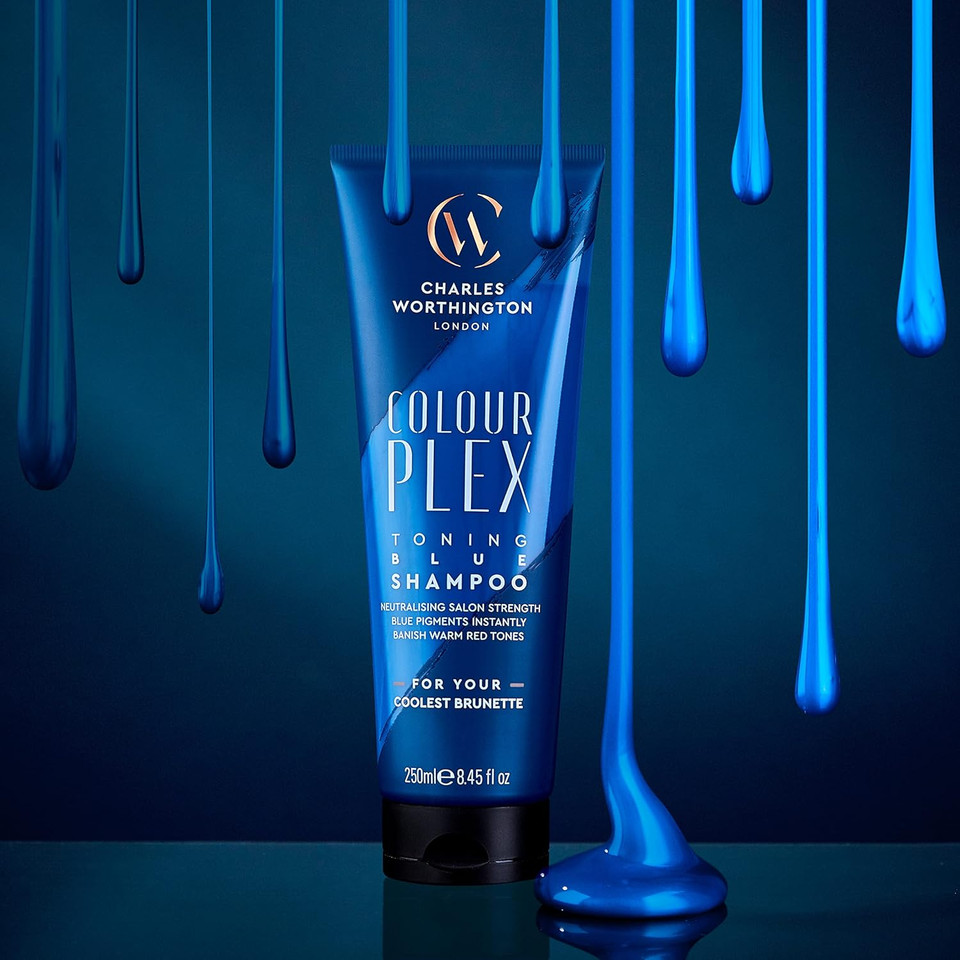 Charles Worthington ColourPlex Toning Blue Shampoo, Brunette Shampoo to Tone and Deepen, Blue Shampoo for Brown Hair, Brown Toner for Women and Men, Salon Shampoo for Brunettes, 250 ml