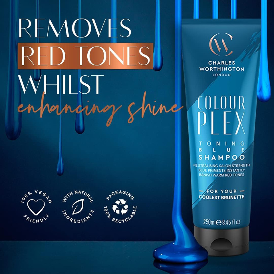 Charles Worthington ColourPlex Toning Blue Shampoo, Brunette Shampoo to Tone and Deepen, Blue Shampoo for Brown Hair, Brown Toner for Women and Men, Salon Shampoo for Brunettes, 250 ml