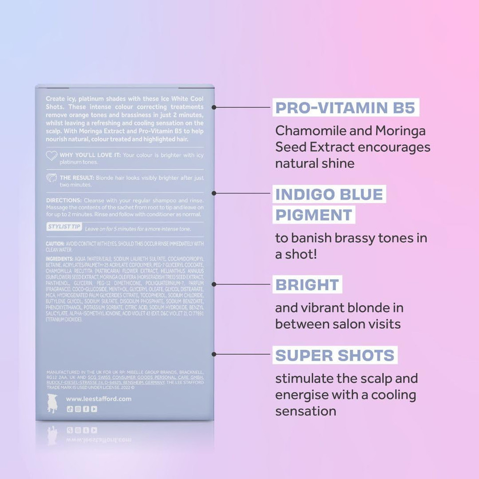 Lee Stafford Blue Toner Hair Treatments | Bleach Blondes Ice White Hot Shots - Color Depositing Treatments, Corrects Brassy & Orange/Yellow Tones, Great for Highlighted, Cool Hair, 4 x 15ml Doses