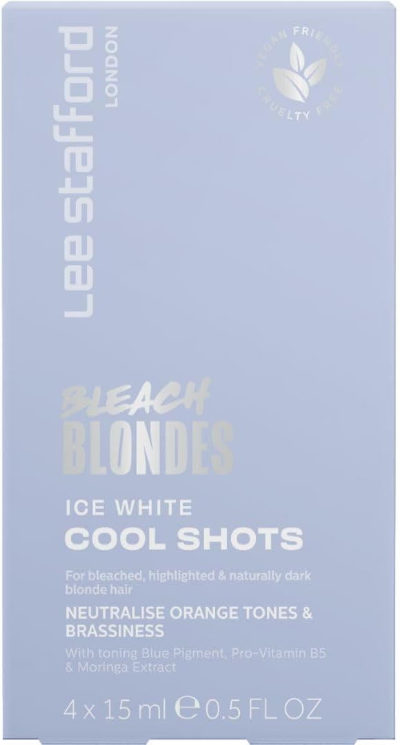 Lee Stafford Blue Toner Hair Treatments | Bleach Blondes Ice White Hot Shots - Color Depositing Treatments, Corrects Brassy & Orange/Yellow Tones, Great for Highlighted, Cool Hair, 4 x 15ml Doses
