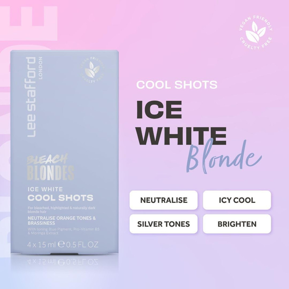 Lee Stafford Blue Toner Hair Treatments | Bleach Blondes Ice White Hot Shots - Color Depositing Treatments, Corrects Brassy & Orange/Yellow Tones, Great for Highlighted, Cool Hair, 4 x 15ml Doses