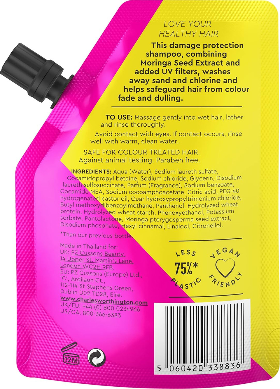 Charles Worthington Sunshine Protect Shampoo Takeaway, Travel Size, Moringa Seed Oil and UV filters, Salon Shampoo for Women for Sun Protection, 75ml