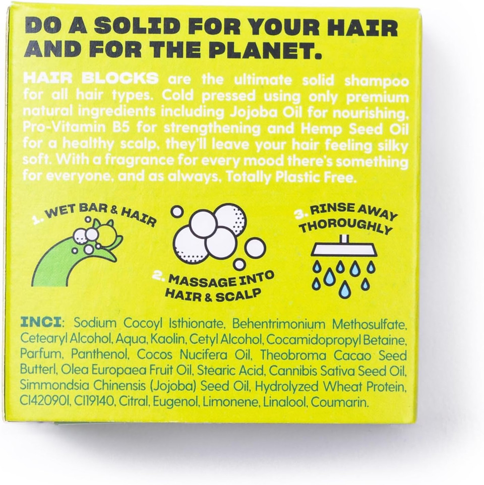 Hair Blocks - Solid Shampoo Bar (85g) for all hair types: Lime & Sandalwood Solid Shampoo Bar | Soap Free, Plastic Free | Plant Based | Natural | Conditioning