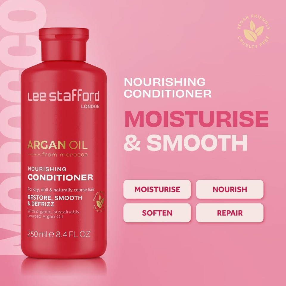 Lee Stafford Moisturizing Conditioner | Argan Oil Collection - Best for Dy, Dull Hair to Repair & Hydrate for Silky Smooth Soft Shine, Salon Grade Gloss Finish, Detangling, Restore Split Ends, 250 ml