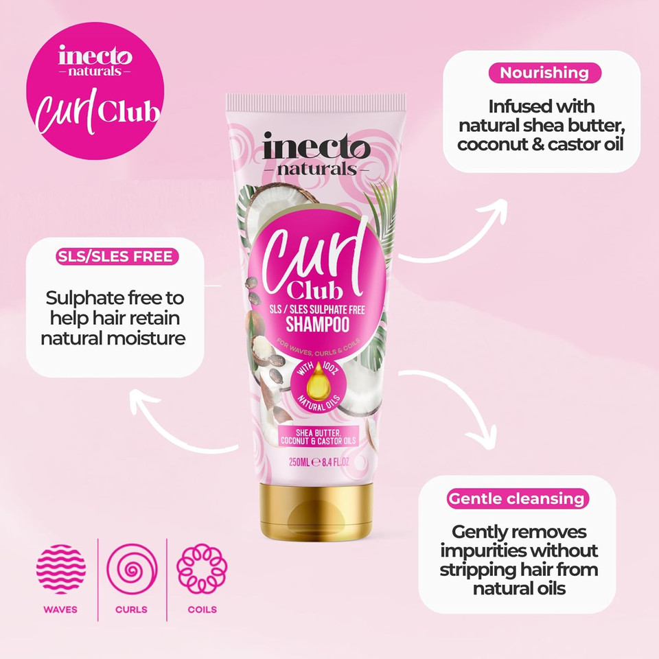 INECTO Curl Club, Curl-Defining Shampoo 250ml, Vegan & Cruelty Free Frizz Styling Curl Control for Curly or Wavy Hair, 100% Natural (Pack of 2)