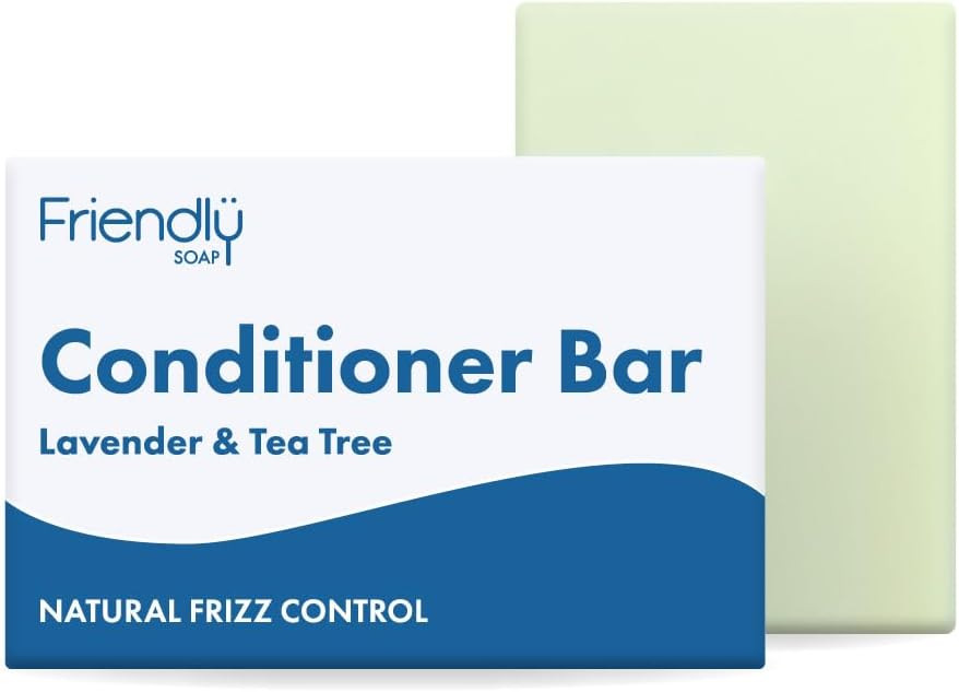 Friendly Soap - Lavender & Tea Tree Conditioner Bar (90g), Nourishing, Tangle-free, Fizz Control, Smooth, Healthy Shine, Cruelty Free, Handmade, Recycled & No SLS or Parabens