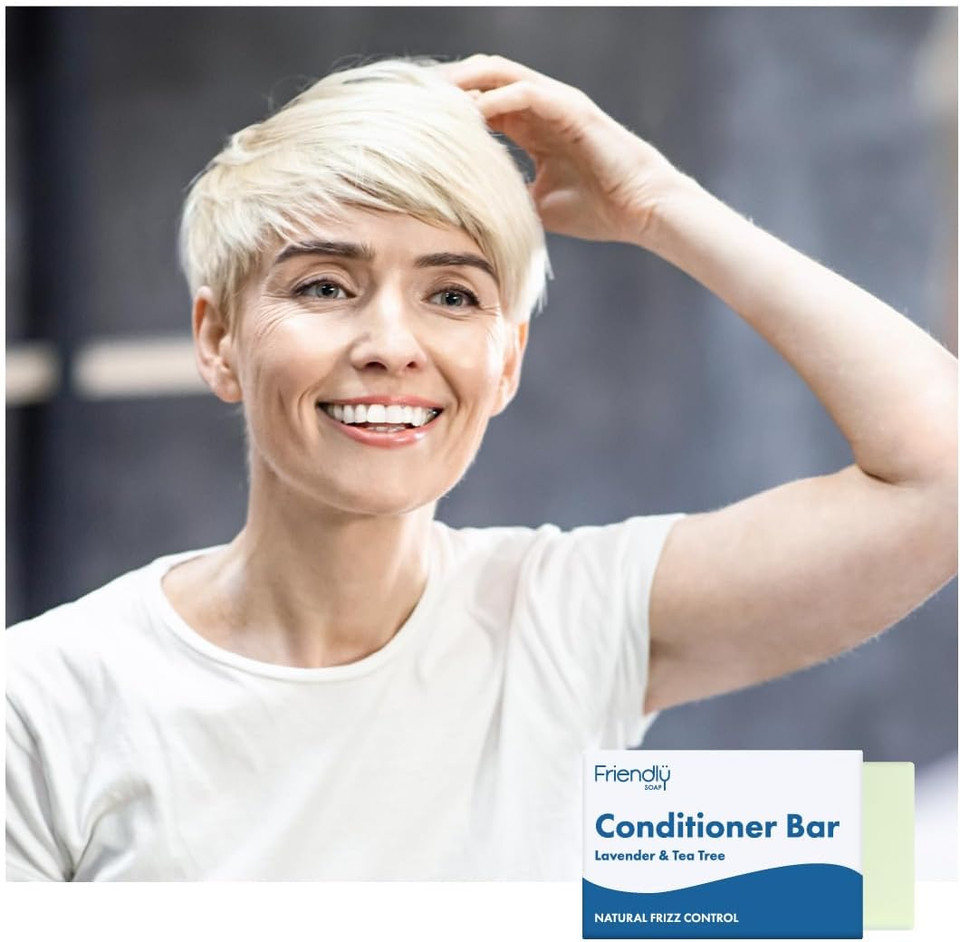 Friendly Soap - Lavender & Tea Tree Conditioner Bar (90g), Nourishing, Tangle-free, Fizz Control, Smooth, Healthy Shine, Cruelty Free, Handmade, Recycled & No SLS or Parabens