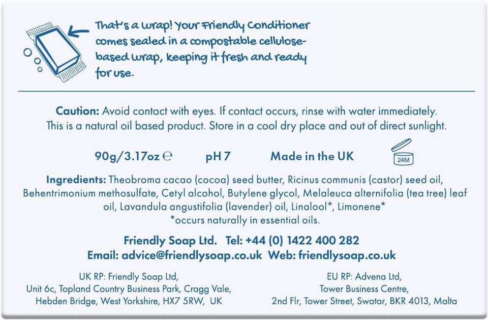 Friendly Soap - Lavender & Tea Tree Conditioner Bar (90g), Nourishing, Tangle-free, Fizz Control, Smooth, Healthy Shine, Cruelty Free, Handmade, Recycled & No SLS or Parabens