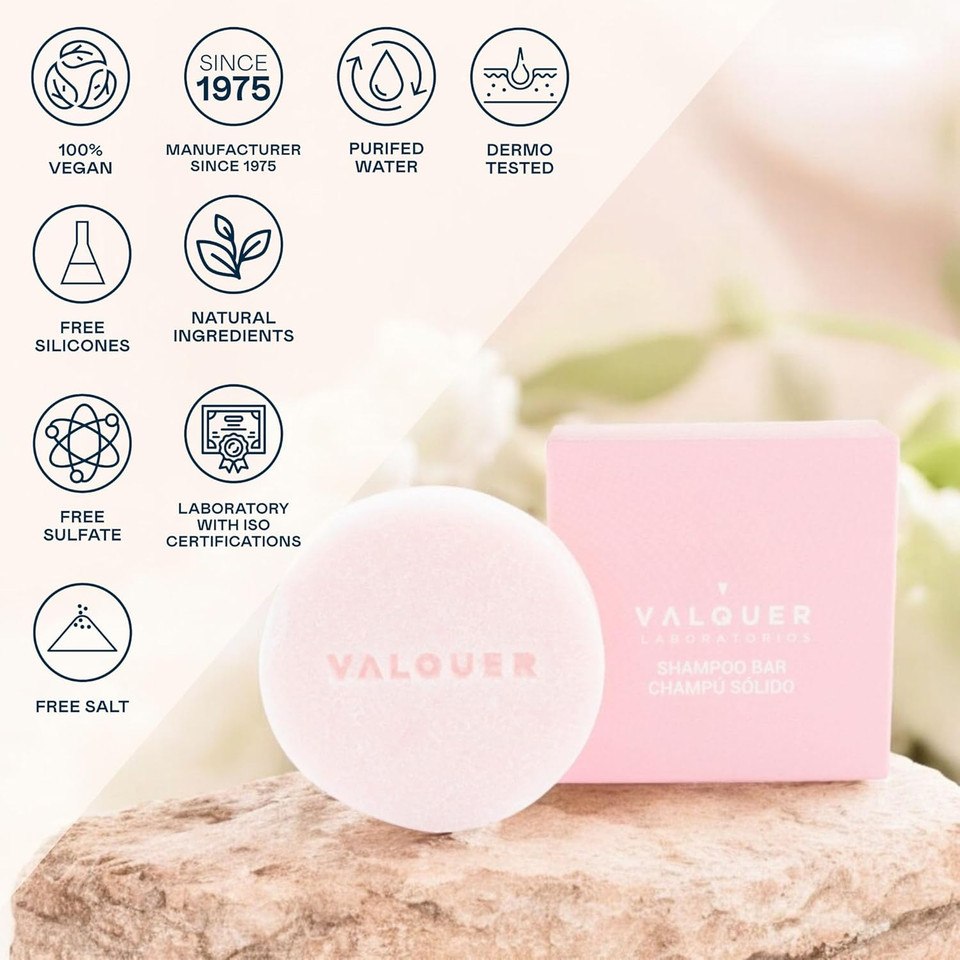 Valquer Laboratorios Petal Solid Shampoo for Dry Hair (Moisturizing and Repairing) With Coconut Oil and Aloe Vera. Formulation Zero%: Sulfate-Free, Soap-Free, Plastic-Free, Vegan - 50 Gr