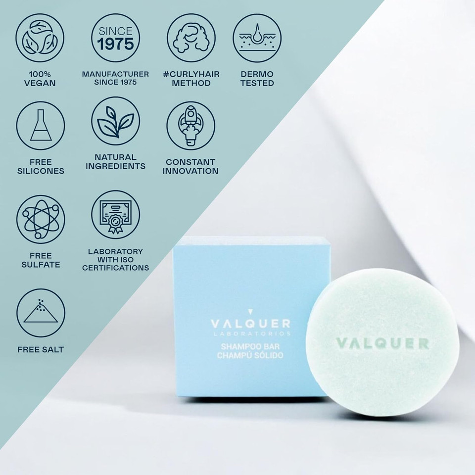 Valquer Laboratories Sky Solid Shampoo for All Hair Types. Zero% Formulation: Sulfate-Free, Soap-Free, Plastic-Free, Vegan, and Cruelty-Free. Enriched with Grape Seed and Aloe Vera. 50 g