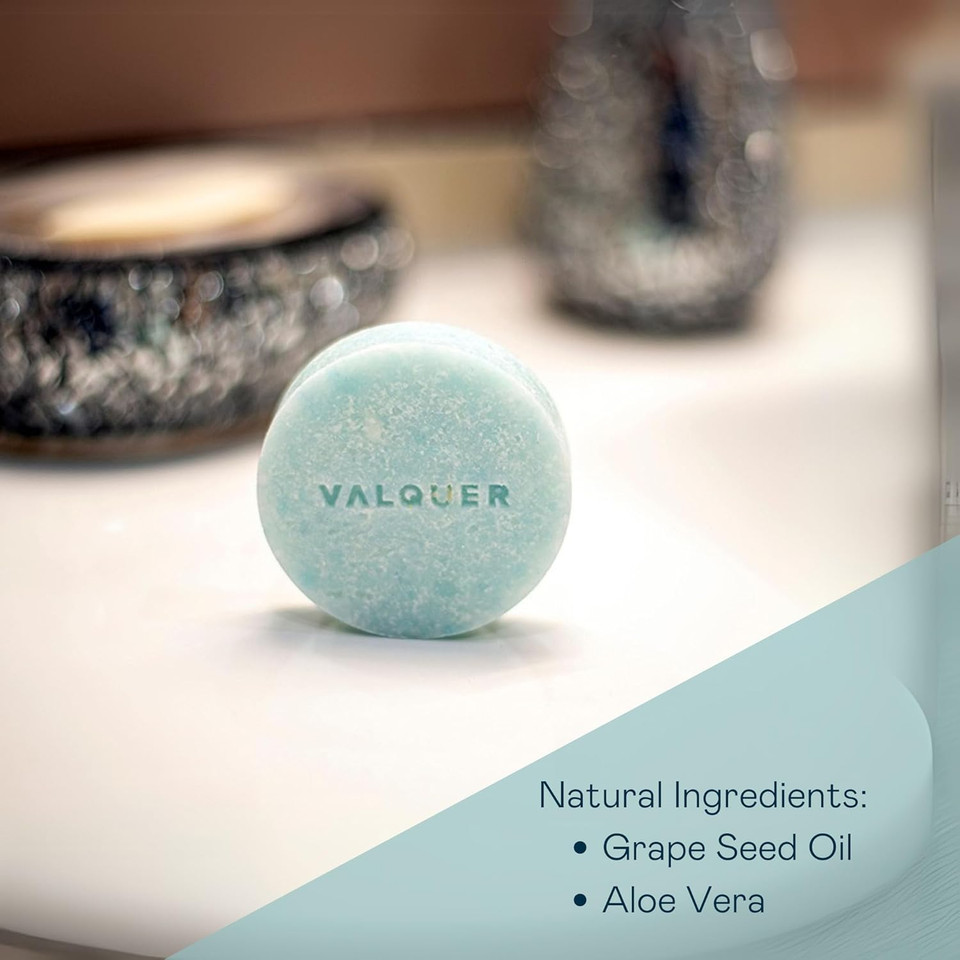 Valquer Laboratories Sky Solid Shampoo for All Hair Types. Zero% Formulation: Sulfate-Free, Soap-Free, Plastic-Free, Vegan, and Cruelty-Free. Enriched with Grape Seed and Aloe Vera. 50 g