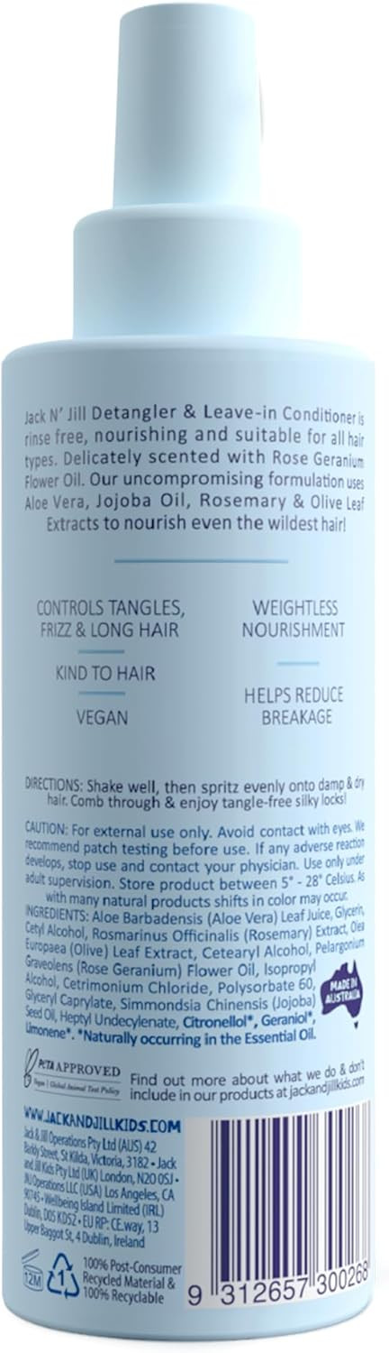 Jack N' Jill Natural Bathtime Detangler and Leave-In Conditioner - Suitable for All Hair Types, Extra Moisturising, Silicone-Free, Cruelty-Free & Vegan Kids Detangler Spray - 200ml, 1 Bottle