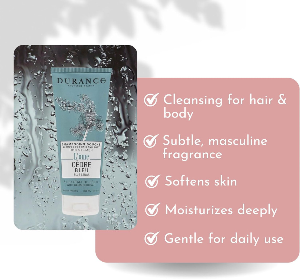 Durance L'Ome Hair & Body Shampoo For Men, 200ml  Mens Shampoo With Oriental Wood Cistus Extract  Body Wash For Men - Cleanses Without Damaging The Skin, Leaves Hair Soft & Shiny