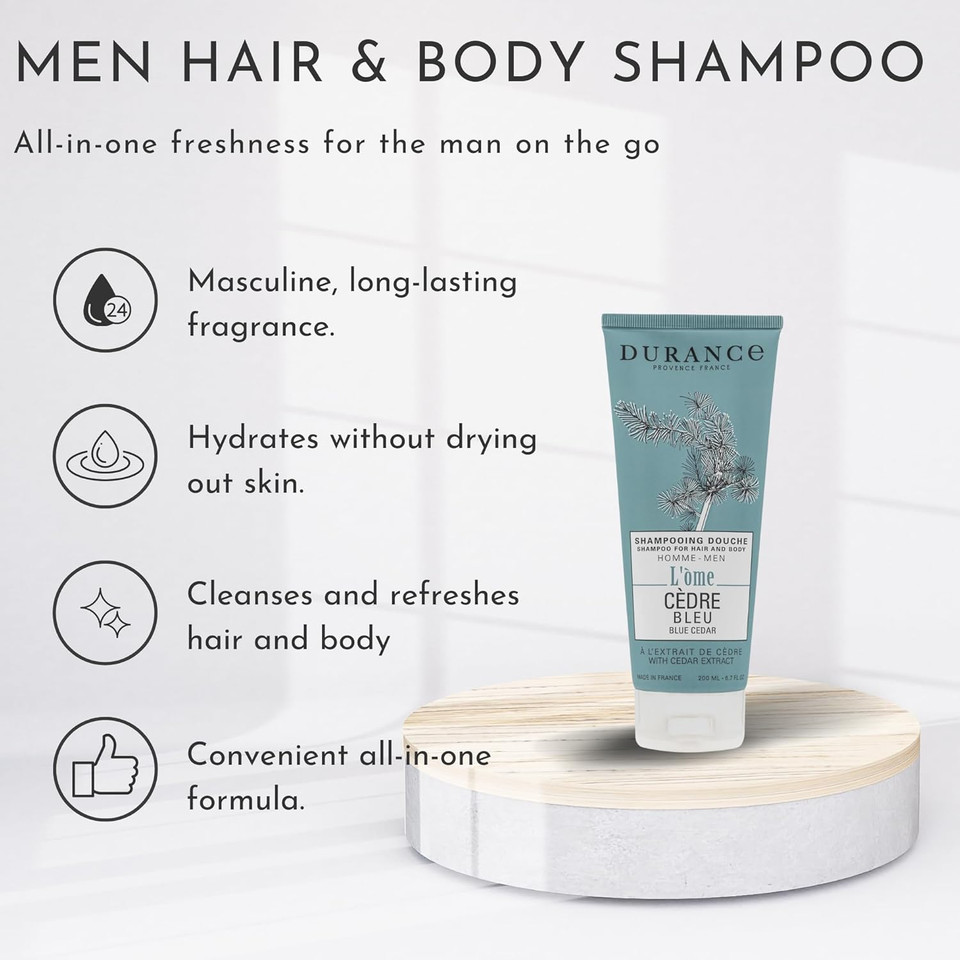 Durance L'Ome Hair & Body Shampoo For Men, 200ml  Mens Shampoo With Blue Cedar Extract  Body Wash For Men - Cleanses Without Damaging The Skin, Leaves Hair Soft & Shiny