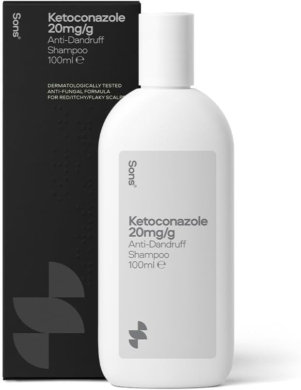Sons Ketoconazole 20mg/g Shampoo For Dandruff. Treats & Prevents Seborrheic Dermatitis, Scalp Psoriasis, Tinea Infections. Antifungal Formula. 100ml. 1-month Supply. Made in Europe