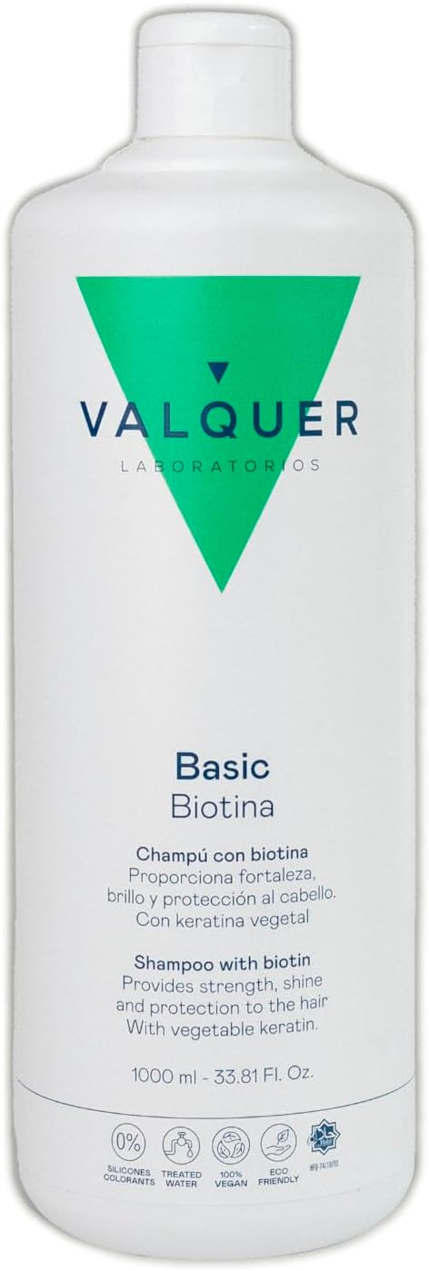 Valquer Revitalizing Shampoo with Biotin and Keratin. Anti-hair loss effect that promotes growth and strengthens hair, increasing volume. With Vitamin B7. Vegan. 1 L