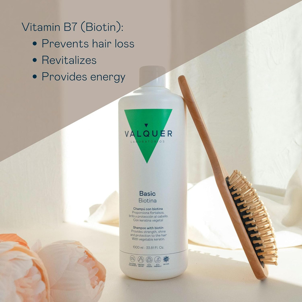 Valquer Revitalizing Shampoo with Biotin and Keratin. Anti-hair loss effect that promotes growth and strengthens hair, increasing volume. With Vitamin B7. Vegan. 1 L