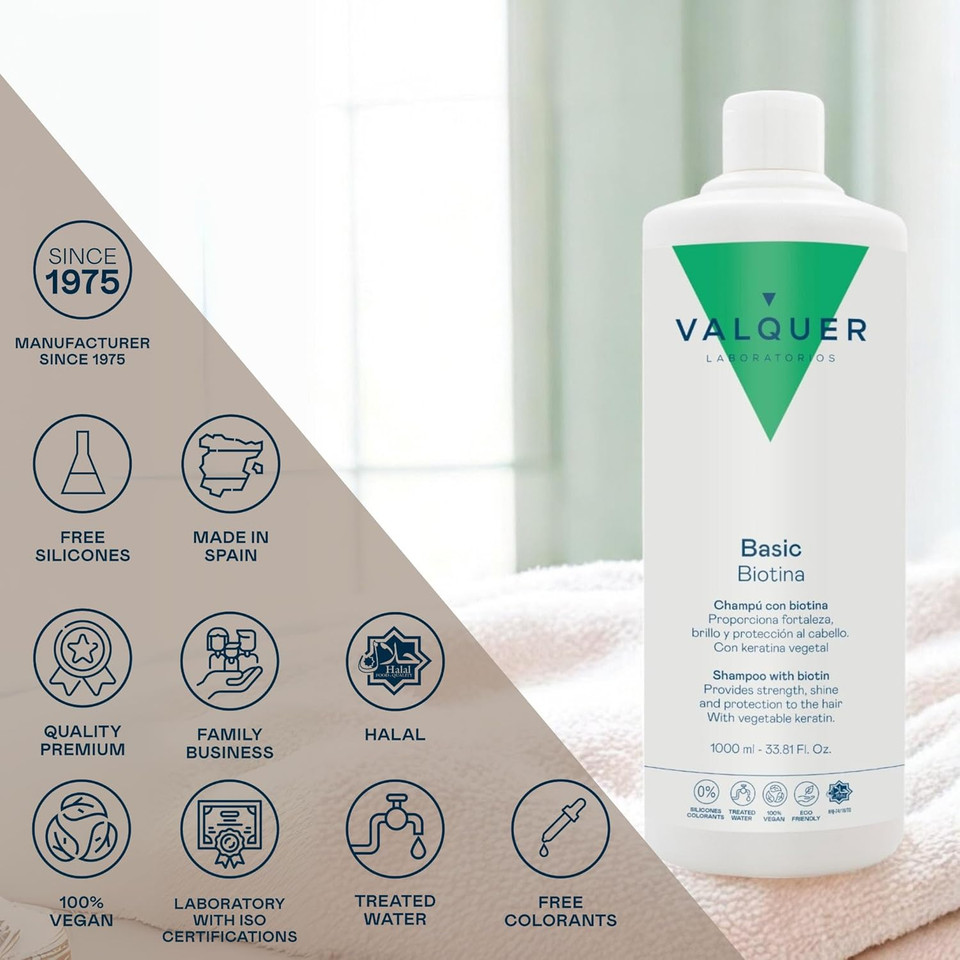 Valquer Revitalizing Shampoo with Biotin and Keratin. Anti-hair loss effect that promotes growth and strengthens hair, increasing volume. With Vitamin B7. Vegan. 1 L