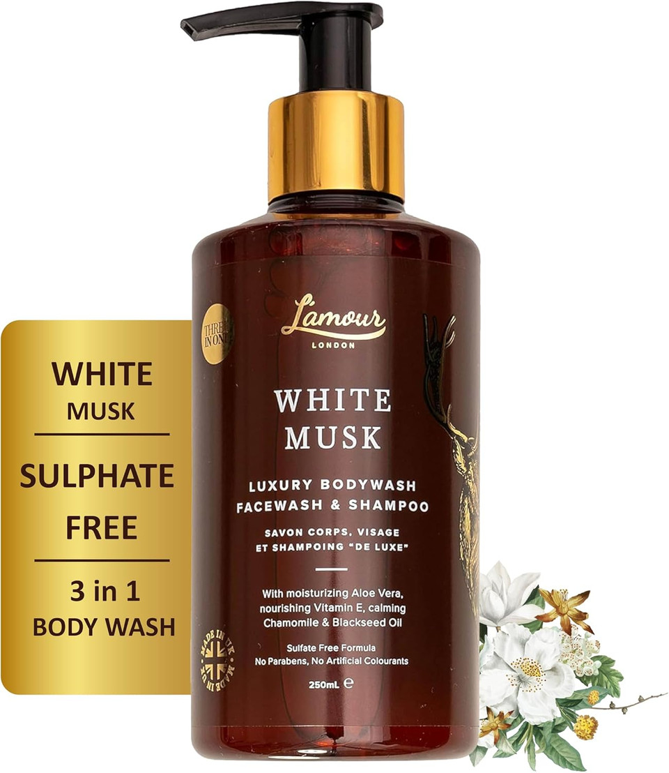 L'amour Natural | White Musk | Luxury Face Wash, Body Wash & Shampoo | Essential Oils | Sulphate Free | Gentle for dry and sensitive skin | 250mL