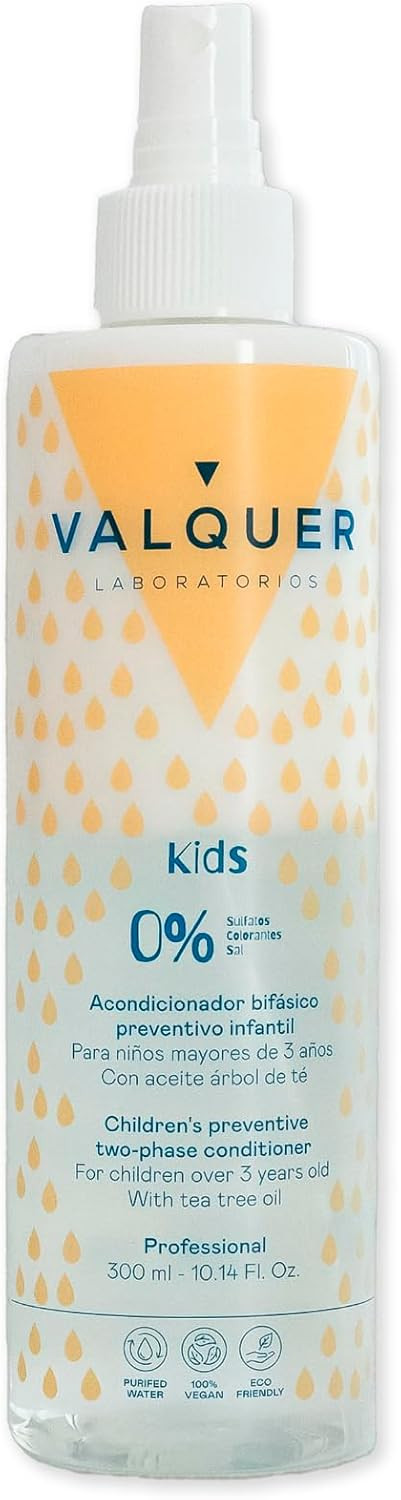 Valquer Preventative Bi-Phase Leave-In Conditioner for Children, Formula Zero. Conditions and protects hair, providing softness, shine, and easy detangling. For ages 3+. Vegan. 300 ml