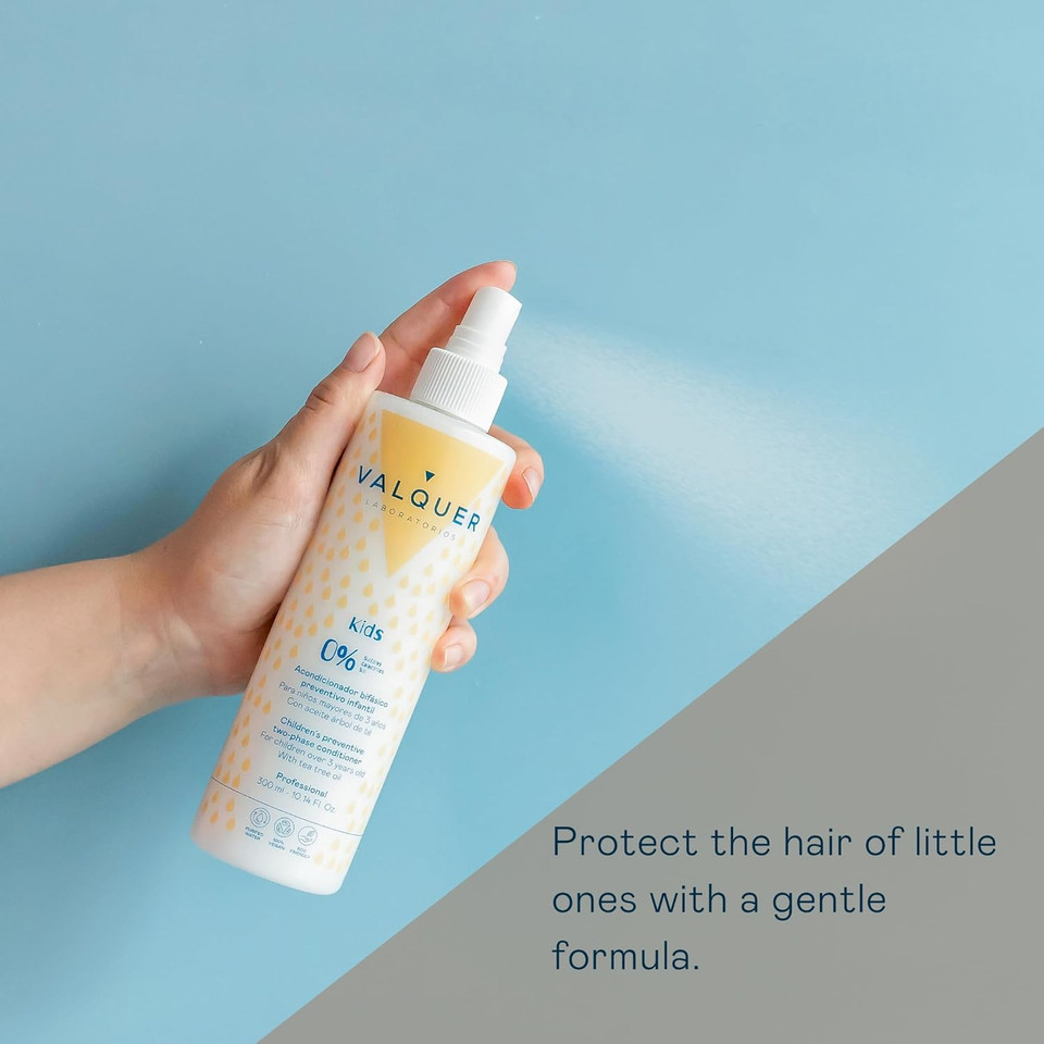 Valquer Preventative Bi-Phase Leave-In Conditioner for Children, Formula Zero. Conditions and protects hair, providing softness, shine, and easy detangling. For ages 3+. Vegan. 300 ml