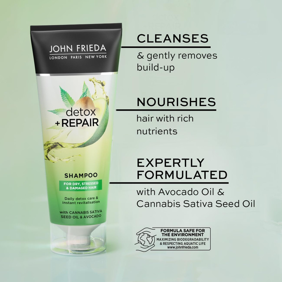 John Frieda Detox & Repair Shampoo 250 ml, Hydrating and Smoothing Shampoo for Dry, Stressed and Damaged Hair with Avocado Oil and Green Tea