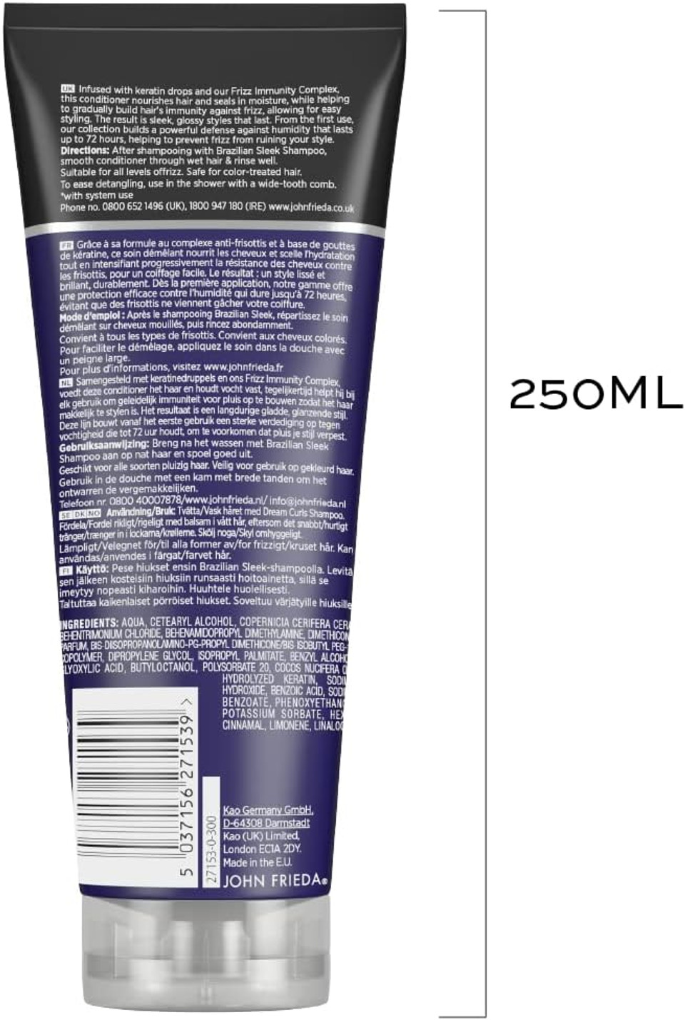 John Frieda Frizz Ease Brazilian Sleek Frizz Immunity Shampoo 250ml, Moisturising Shampoo for Dry, Frizzy Hair (Pack of 2)