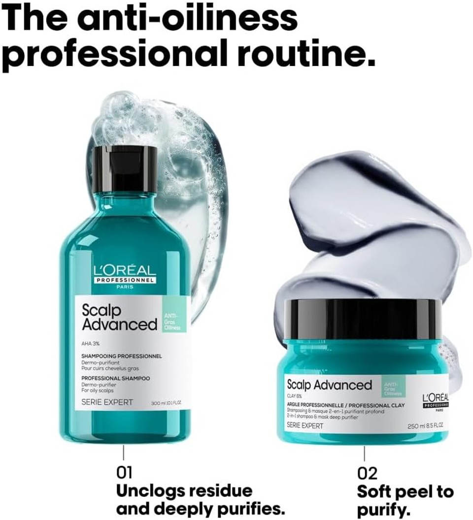 L'Oréal Professionnel Scalp Advanced Anti-Oiliness Dermo-Purifier Shampoo, For Oily, Greasy Hair, Serie Expert, 300ml