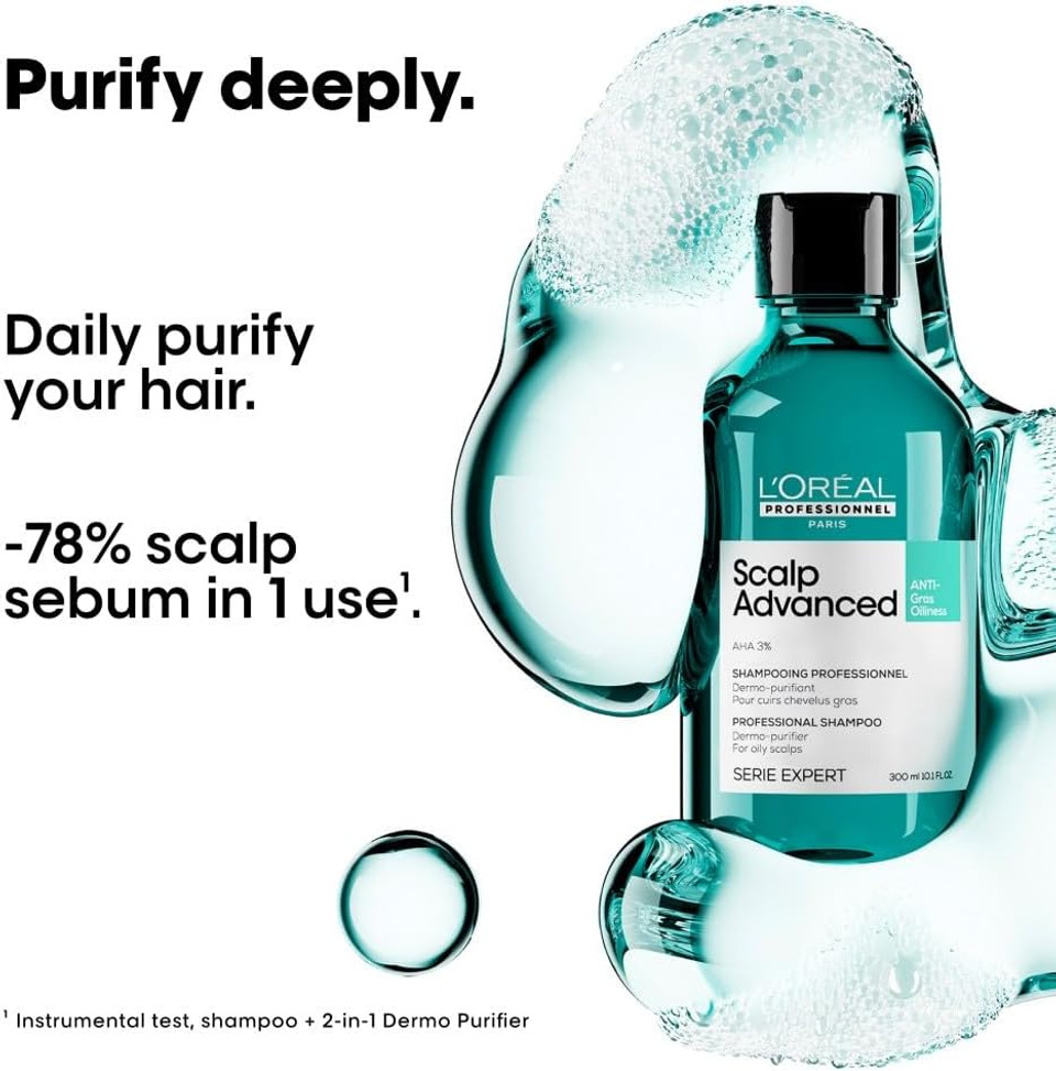 L'Oréal Professionnel Scalp Advanced Anti-Oiliness Dermo-Purifier Shampoo, For Oily, Greasy Hair, Serie Expert, 300ml