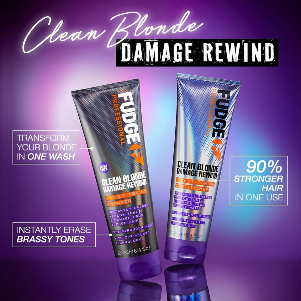 Fudge Professional Clean Blonde Damage Rewind Haircare Duo, Intense Purple Toning Routine, Shampoo and Conditioner Set for Blonde Hair, 2 x 250 ml Fudge Professional Clean Blonde Damage Rewind Haircare Duo, Intense Purple Toning Routine, Shampoo and Conditioner Set for Blonde Hair, 2 x 250 ml