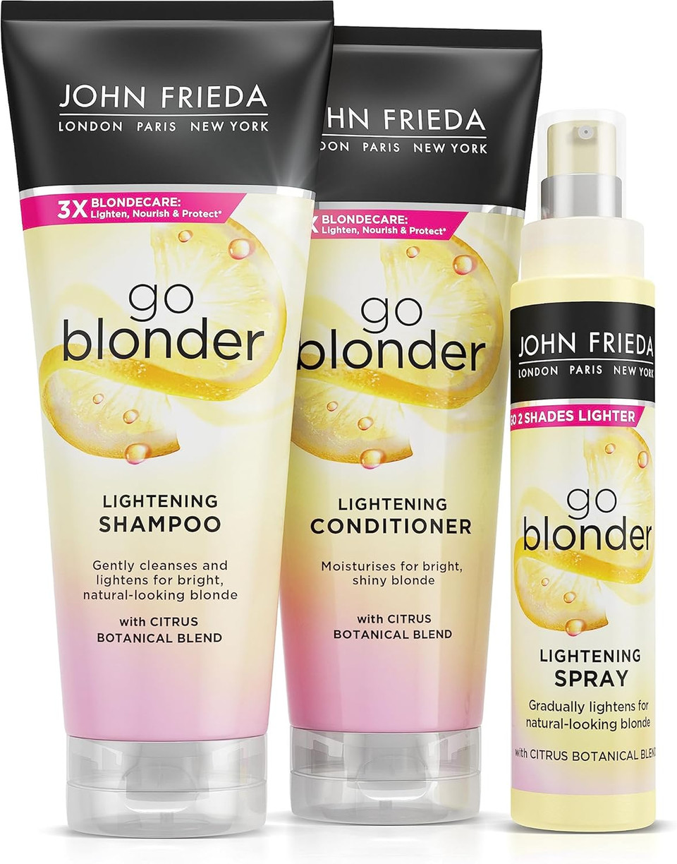 John Frieda Sheer Blonde Go Blonder Lightening Shampoo, Conditioner and Controlled Lightening Spray Value Bundle, Hair Lightener Blonding Value Pack