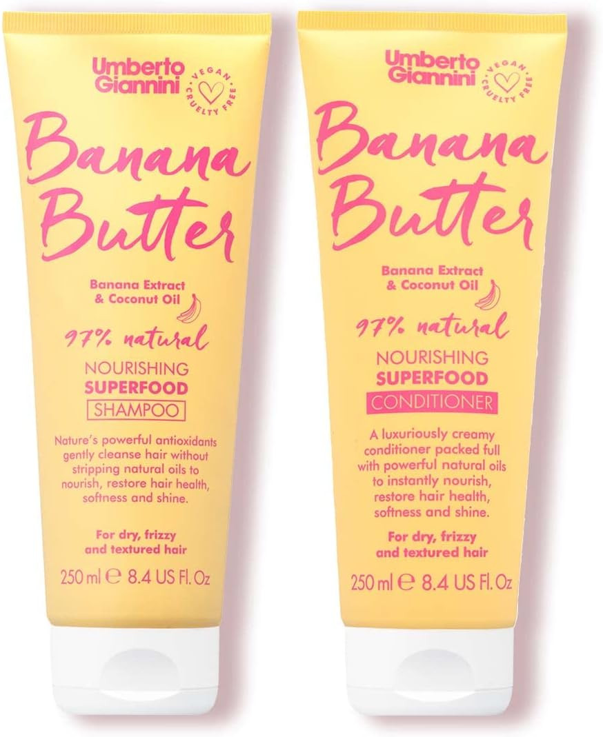 Umberto Giannini Banana Butter Nourishing Superfood Shampoo & Conditioner Set, Vegan & Cruelty Free Moisturising Formula for Dry, Textured or Frizzy Hair