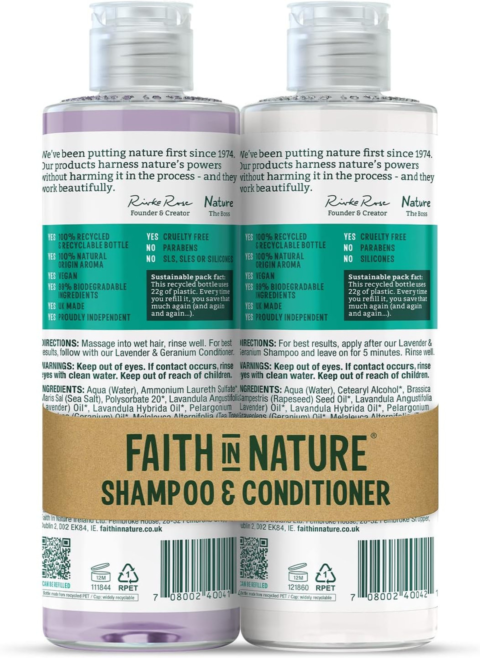 Faith In Nature Natural Lavender & Geranium Shampoo and Conditioner Set, Nourishing, Vegan & Cruelty Free, No SLS or Parabens, For Normal to Dry Hair, 2 x 400ml