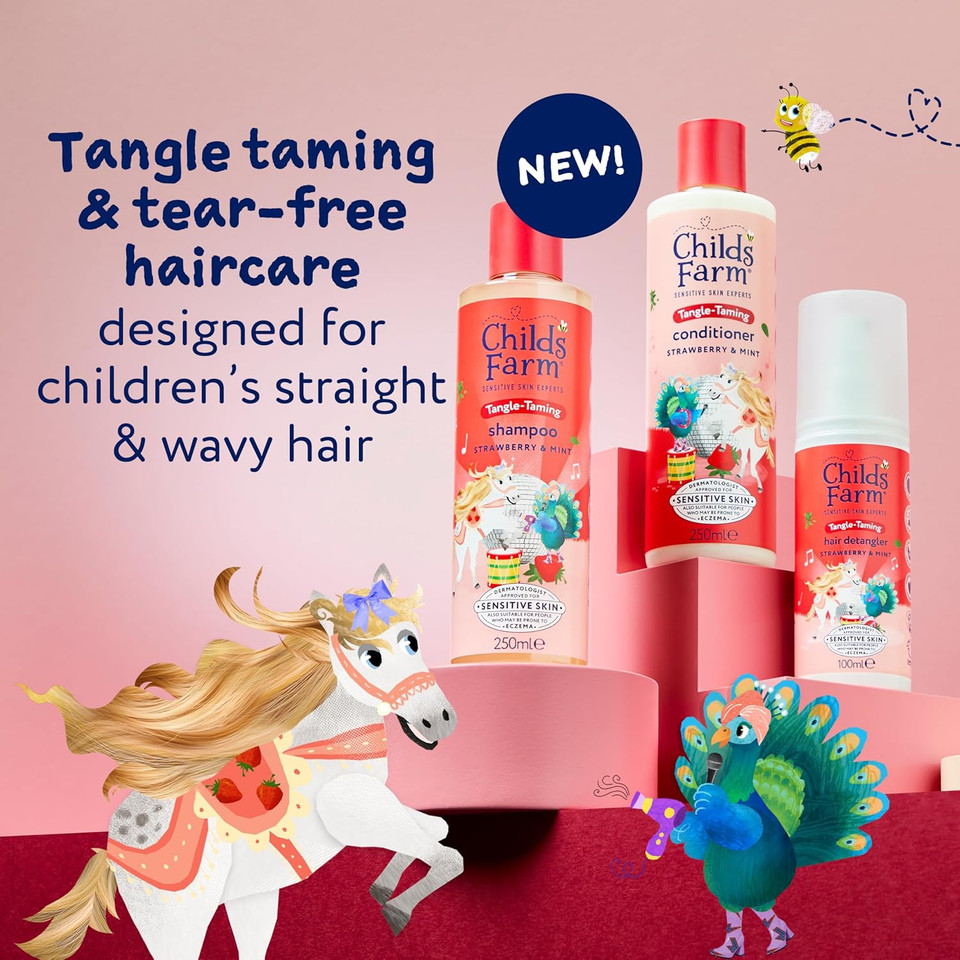 Childs Farm Kids Tangle Taming Hair Regime Bundle | Tear Free Strawberry & Organic Mint Shampoo (250ml), Conditioner (250ml) and Hair Detangler Spray (100ml) | Suitable for All Hair Types - 3 Pack