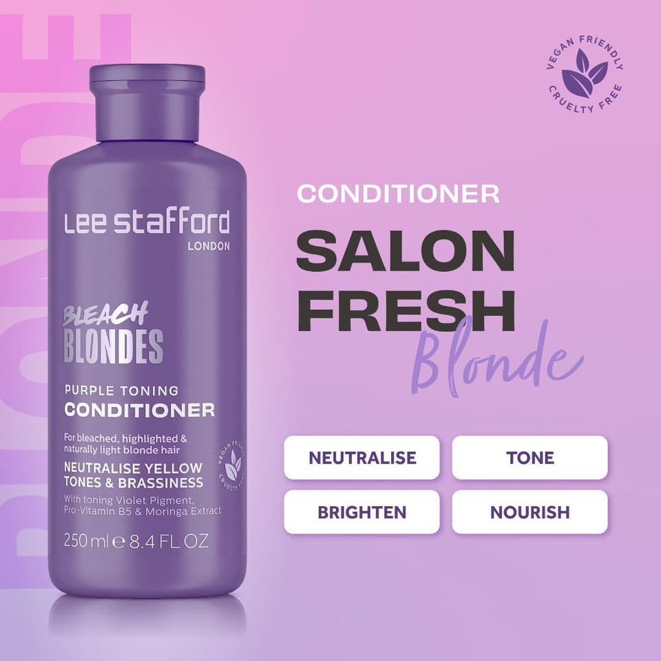 Lee Stafford Blue Toning Conditioner | Bleach Blonde Ice White - Corrects Brassy & Yellow Orange Tones to Silver Platinum, Great for Highlighted, Bleached, & Naturally Dark Hair, No Purple, 250 ml